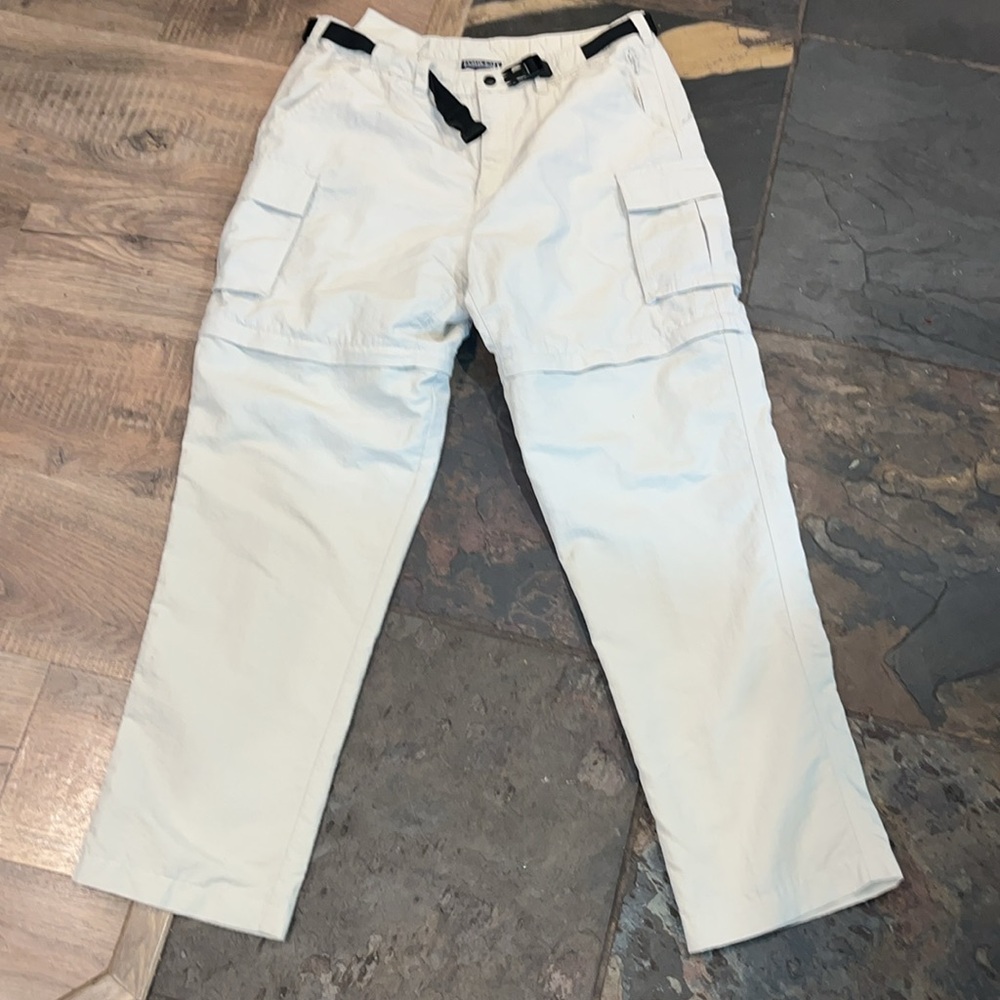 Lands” End TAN NYLON Convertible Cargo pocket PANTS zip leg Shorts belt, M 10/12